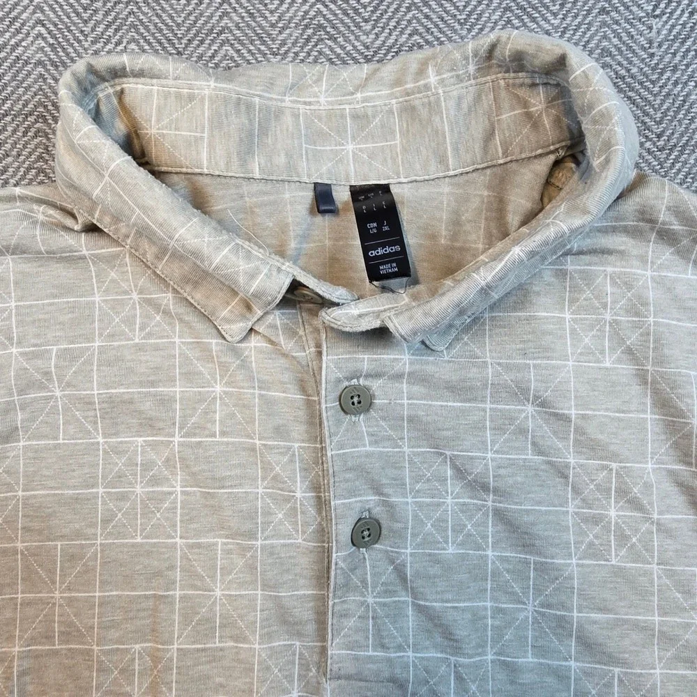 Adidas Mens Large Grey White Geometric Grid Short Sleeve Golf Polo Shirt